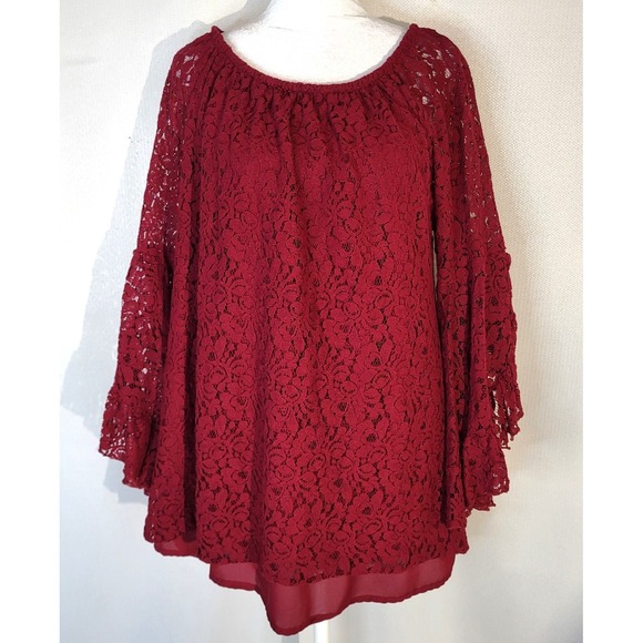 Forgotten Grace Tops - Forgotten Grace Burgundy Lace Off Shoulder Bell‎ Sleeve Top Women's Size L